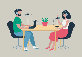 Podcast at studio. Male radio host interviewing female guest on radio station. People in headphones talking at the table. Broadcasting, podcasting vector illustration for website, web banner, etc