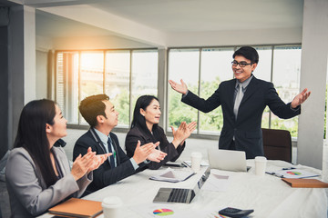 Business People Teamwork are Meeting Conference and Congratulations Successful for Their Project. Group of Team Employees Colleagues Congratulated to Partnership After Dealing Complete, Business Teams