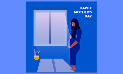 Happy Mothers Day! Pregnant woman in a dark room Talking with her Upcoming Baby Illustration.