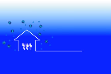 Stay at home text under house roof. COVID 19 or coronavirus protection campaign logo. Self isolation appeal as sign or symbol. Virus prevention concept. Vector illustration.