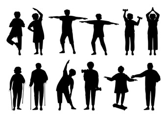 Healthy active lifestyle older people, black flat silhouette set. Sport retiree grandparent. Glyph elderly people doing morning exercises, gymnastics. Monochrome old men and women. Vector illustration