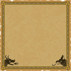 Ornate medieval fantasy frame with a knot pattern, a dragon head and a griffin head on a square parchment background. © Fantasy Maps