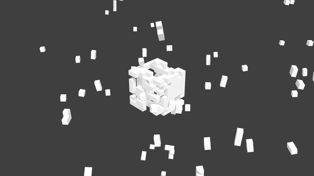 White cubes exploding in slow motion on gray color background. Abstract 3D rendering.
Boxes animation on space. Movement of blocks.