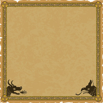 Ornate medieval fantasy frame with a knot pattern, a dragon head and a griffin head on a square parchment background.