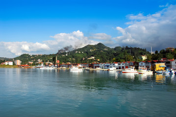 Fototapeta premium TRABZON, TURKEY - SEPTEMBER 24, 2009: Fishing Shelter, Boats, Tea Factory and Buildings. Of District