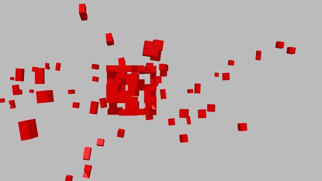 Red cubes exploding in slow motion on gray color background. Abstract 3D rendering.
Boxes animation on space. Movement of blocks.