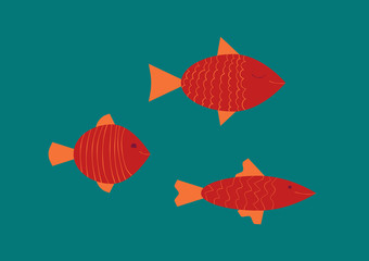 Three unique goldfishes painted with orange and red colours on ocean blue background. Minimalism vector postcard. 
