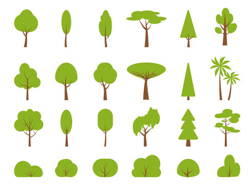 Green spring cartoon trees, bushes flat icon set. Simple different shape eco organic plant sign. Summer season forest, park, garden oak, birch, fir, palm, symbol. Isolated on white vector illustration