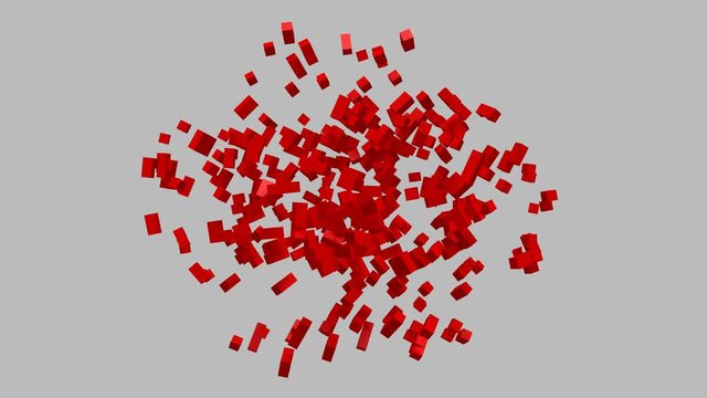 Red cubes exploding in slow motion on gray color background. Abstract 3D rendering.
Boxes animation on space. Movement of blocks.