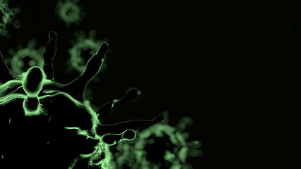 Black 3D rendering on black background outbreak of coronavirus and flu background dangerous concept of pandemic medical health risk with disease cells