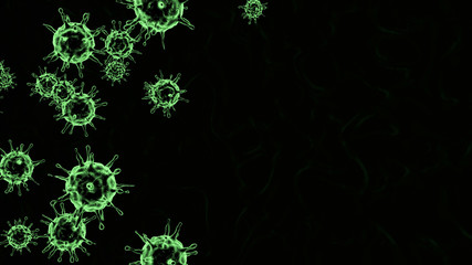 Black 3D rendering on black background outbreak of coronavirus and flu background dangerous concept of pandemic medical health risk with disease cells