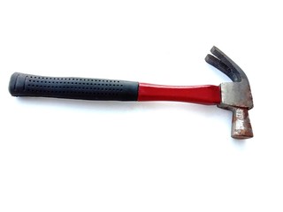 Rusty metal hammer, the handle is red wood and black rubber hardware tools isolated on white background closeup. In Samut Sakhon, Thailand.