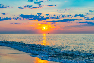 Sunset on the beach on north side of the Provincelands Cape Cod, Atlantic ocean view MA US.