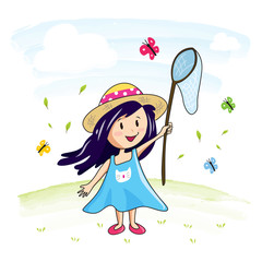 Cute girl in summer vacation with butterfly on watercolour background.