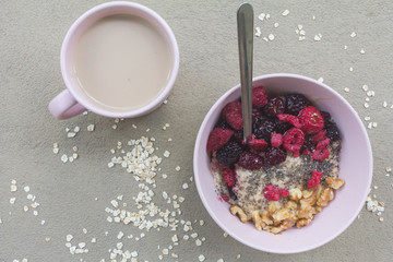 Oatmeal porridge in bowl topped with fresh berry