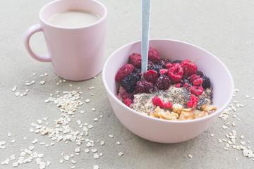 Oatmeal porridge in bowl topped with fresh berry