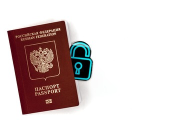 Passport with a lock. Symbol of the prohibition of departure abroad due to the coronavirus pandemic. Refusal of a visa. Travel ban.