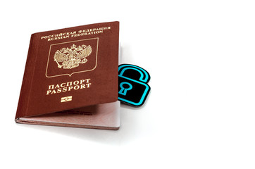 Passport with a lock. Symbol of the prohibition of departure abroad due to the coronavirus pandemic. Refusal of a visa. Travel ban.