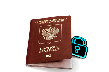 Passport with a lock. Symbol of the prohibition of departure abroad due to the coronavirus pandemic. Refusal of a visa. Travel ban.