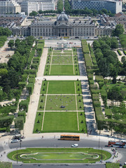 The Champ de Mars park is shown with the Ecole Militaire military training complex in the background, in a vertical view.