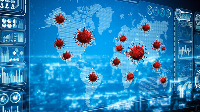 Coronavirus Disease 2019 or Covid-19 information map showing infection risk area - Concept of medical big data science analytic for protection of Coronavirus Disease 2019 or Covid-19.