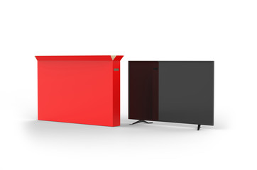 LED tv with heavy duty cardboard box packaging for branding, 3d render illustration.