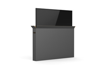 LED tv with heavy duty cardboard box packaging for branding, 3d render illustration.