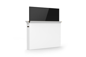 LED tv with heavy duty cardboard box packaging for branding, 3d render illustration.