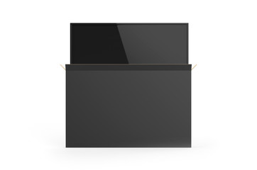 LED tv with heavy duty cardboard box packaging for branding, 3d render illustration.