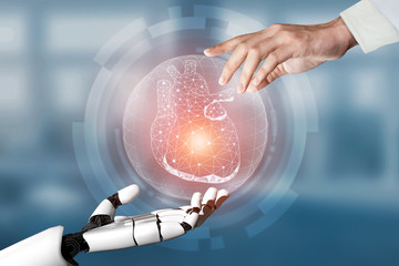 3D rendering medical artificial intelligence robot working in future hospital. Futuristic prosthetic healthcare for patient and biomedical technology concept.