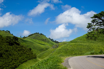 Mountains landscape with a blue sky with many clouds