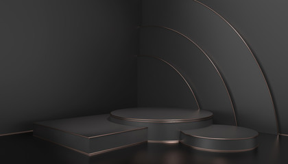3d rendering of luxury wood podium for product dispaly on black background with copper line, abstract minimal concept, elegant minimalist classic mockup