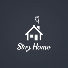 Stay at home slogan with house and heart. Protection campaign or measure from coronavirus, COVID--19. Stay home quote text, hash tag or hashtag. Coronavirus, COVID 19 protection logo.