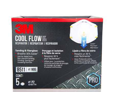 Alameda, CA - May 1, 2020: One Box Of 3M Brand Cool Flow N95 Face Masks. Five Masks Per Box. Isolated On White Background