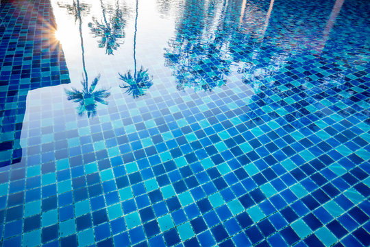 The clear water in the blue pool in the morning is reflected by the coconut trees and the yellow sunlight, the concept of relaxing days and happy holidays in bright colors.
