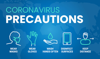 Coronavirus Precautions Wear Masks, Gloves, Wash Hands, Disinfect, Keep Distance Illustration