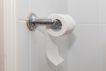 White toilet paper on a chrome hanger