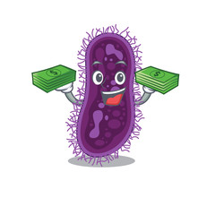 A wealthy lactobacillus rhamnosus bacteria cartoon character having money on hands