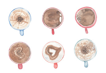 Top view of six watercolor coffee cups on white background, watercolor hand painted,can be use for coffee shop decorate, wallpaper.