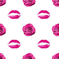 Seamless pattern of pink rose flower and lipstick kiss print on white background isolated, roses flowers and lips makeup stamp repeating ornament, make up wallpaper, beauty backdrop, fashion banner