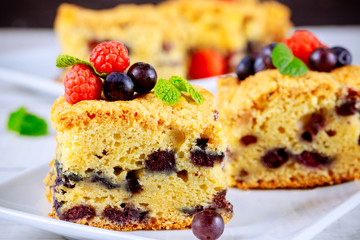 Coffee cream cake with fresh blueberries.