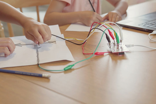 Children Learning Coding Together, Learning Remotely At Home, STEM Science, Homeschooling Education, Social Distancing, Isolation Concept