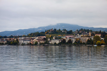 Fototapeta na wymiar Montreux ,Switzerland-October 23,2019:The nature cityscape and lake view on Lake Geneva in Montreux at switzerland