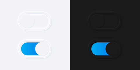 Minimalist Switch Button in Neumorphism Design. White and Black. Simple, modern and elegant. Smooth & soft 3D user interface. Light mode and Dark Mode. For website or apps design. Vector Illustration.