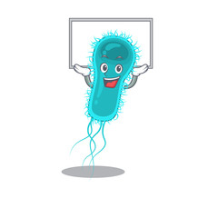 Mascot design of escherichia coli bacteria lift up a board