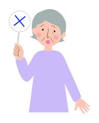 バツ印の札を持ったおばあちゃんの上半身ベクターイラスト