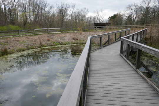 Wooden Foot Bridge Crossing Pond With Moody Sky Reflection In Public Park