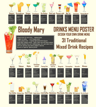 Cocktails and Beverages Menu - Highly realistic glasses & ingredients  - 31 Traditional recipes written by the artist 