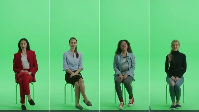 5-in-1 Green Screen Collage: Five Portraits of Beautiful Women of Diverse Background, Ethnicity, Different Age Sitting on the Chroma Key Chair. Front View Split Screen. Multiple Clips Best Value Pack
