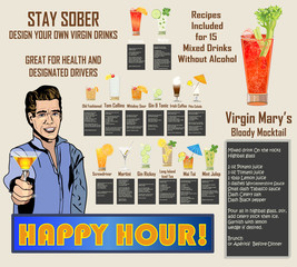 Sober Menu - Non-alcoholic, virgin drinks - Design Your Mixed Drink or Use one of 15 Recipes written by the artist - Highly realistic glasses & ingredients - obrazy, fototapety, plakaty